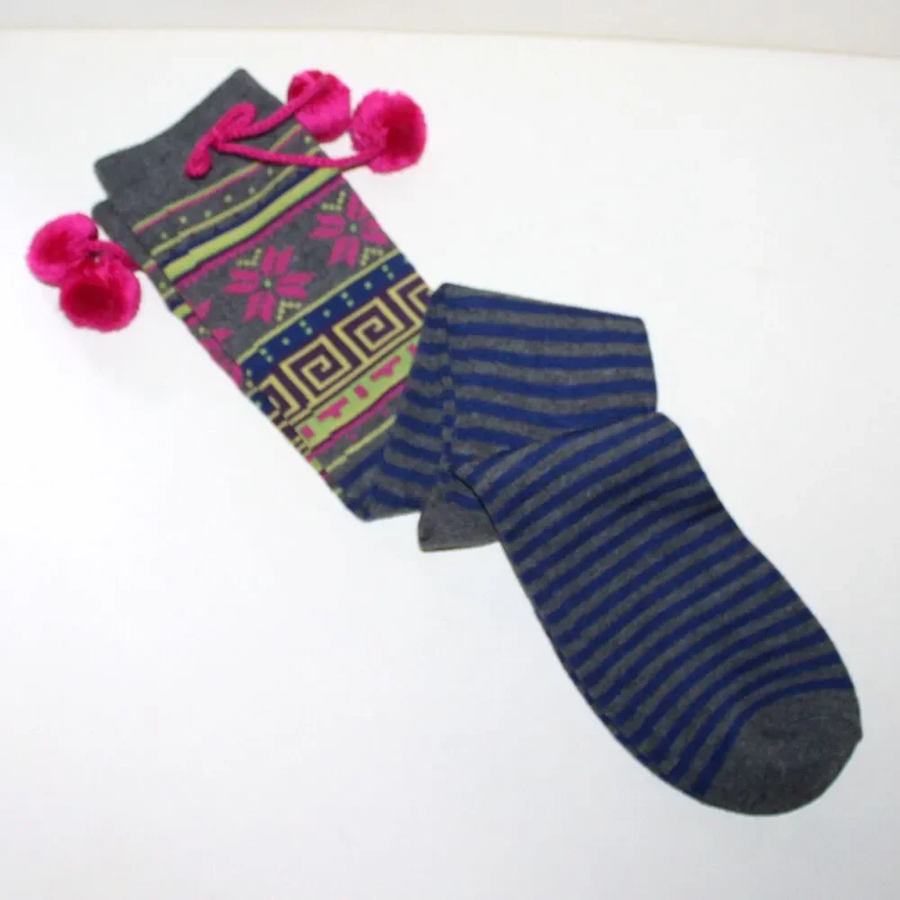 Socks Knee High Fairisle shoe size 4 - 10 stripes pink pom pom blue gray winter